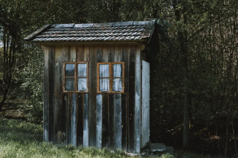 Petite cabane en bois avec des fenêtres marron et des rideaux blancs dans une forêt entourée d'arbres.