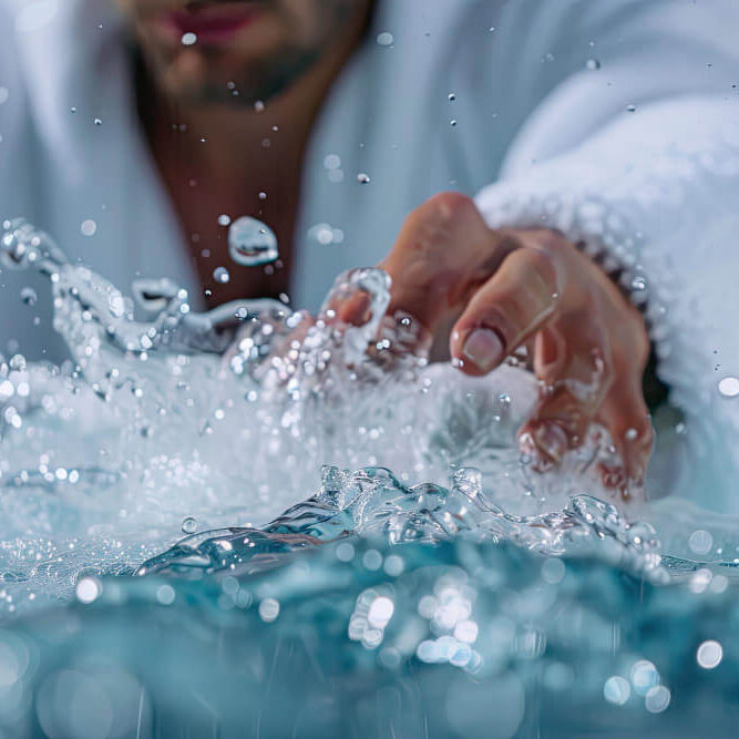 Main d'homme qui teste le bain à remous du spa